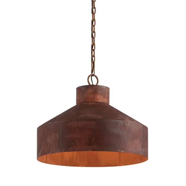 This four-light chandelier showcases hand-worked iron craftsmanship with an authentic rust patina finish that adds industrial character to any space. The 26-inch width makes it versatile for medium-sized rooms.