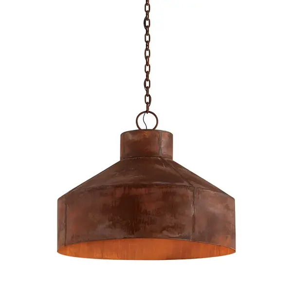 This substantial five-light chandelier brings industrial character with its hand-worked iron construction and authentic rust patina finish. The 32-inch width makes it ideal for medium to large dining spaces.