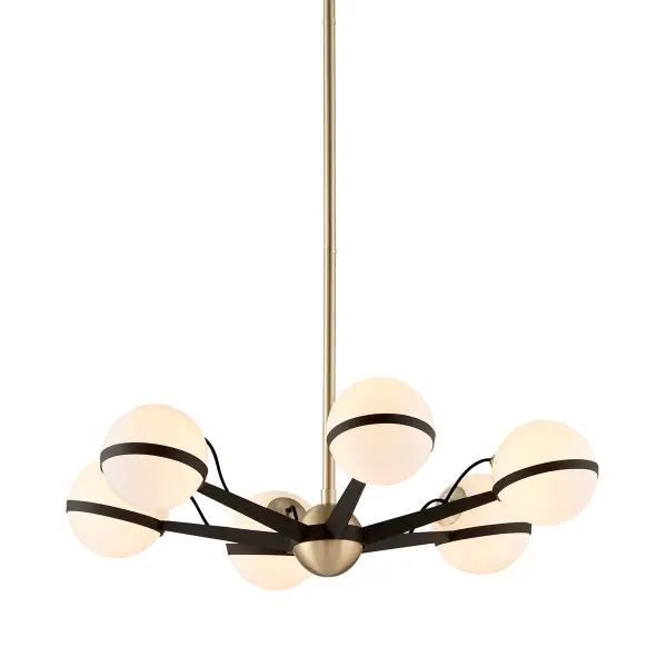 The Ace chandelier combines industrial craftsmanship with modern sophistication. Its hand-worked iron frame in textured bronze finish and opal glass shades create warm, diffused light perfect for dining and gathering spaces.