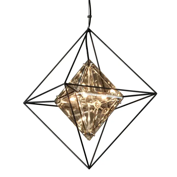 The Epic chandelier combines hand-worked iron with warm topaz glass for an industrial-rustic aesthetic. Its compact 18-inch width makes it versatile for smaller dining spaces and kitchen islands while delivering quality LED illumination.