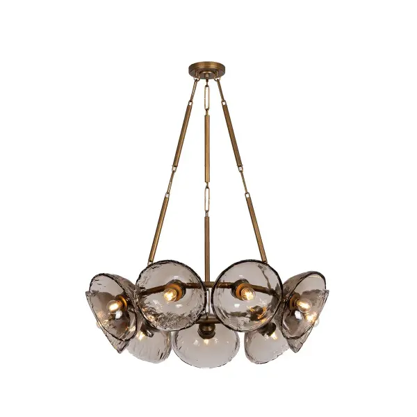 Diego blends industrial design with ethereal glasswork, featuring nine light bronze piastre glass shades arranged concentrically around a Patina Gold Leaf frame. Each dish-shaped shade creates a halo effect around exposed bulbs, delivering a striking visual statement.