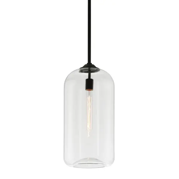 The District Pendant combines classic industrial design with refined details. Hand-blown clear glass and a concave base create subtle ambient lighting, while the soft black finish adds modern sophistication to any space.