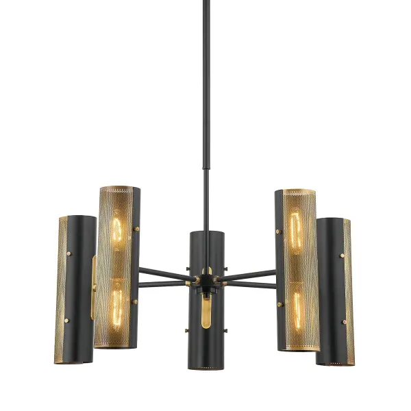 The Mikka chandelier delivers instant drama with its two-tone perforated design. Patina brass fronts create dazzling light patterns while solid black backs add depth. Industrial exposed pins and modern cylindrical shades make this a statement piece.