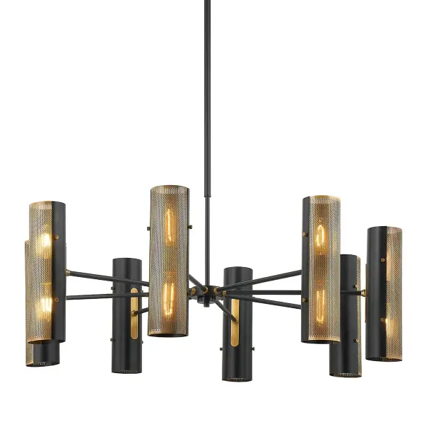 The Mikka chandelier delivers bold visual impact with 16 perforated brass cylinders that create dazzling light patterns. Two-tone design pairs warm patina brass with matte black backs for depth and contrast. Industrial exposed pins add authentic detail.
