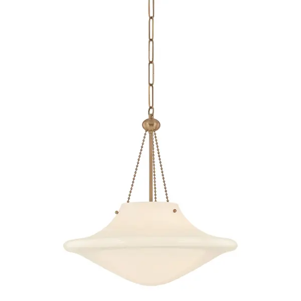 Era blends mid-century charm with contemporary elegance through its opal glass globe and decorative brass details. The warm, diffused glow creates inviting ambiance perfect for gathering spaces, while vintage rivets and ball chain add character.