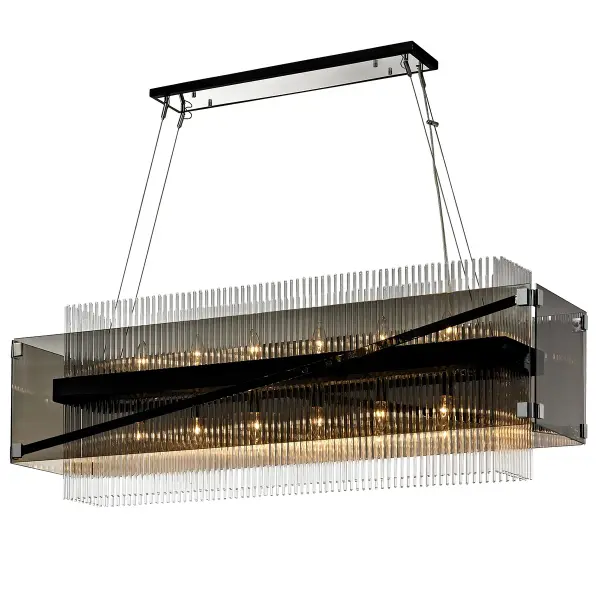 The Apollo chandelier makes a bold statement with 12 mercury-coated glass globes suspended along a nearly 50-inch bronze frame. The reflective glass creates visual interest while clear filament bulbs provide warm ambient light.