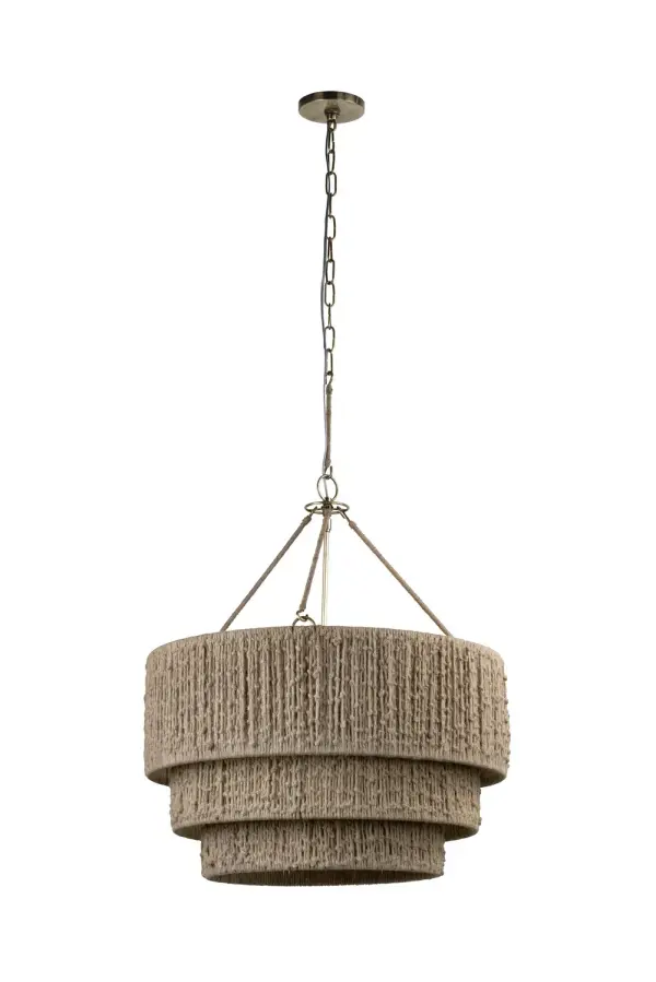 The Reza chandelier brings authentic artisanal craftsmanship to modern spaces with its cascading jute string drum shades. Hand-knotted texture and earthy materiality create visual warmth, while the antiqued Patina Brass finish adds refined elegance.