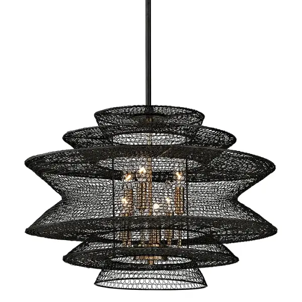 The Kokoro chandelier showcases artisanal hand-worked iron in a sophisticated soft black finish. Its 23-inch width and six-light configuration make it versatile for dining spaces and kitchen islands while maintaining visual impact.
