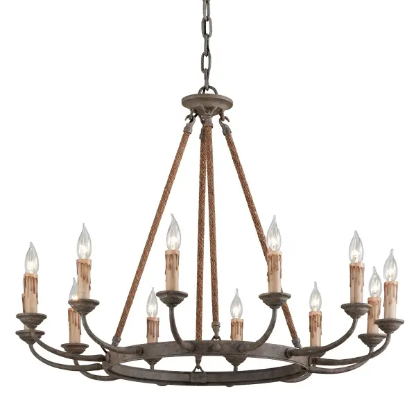 The Cyrano chandelier brings dramatic scale and artisanal craftsmanship to large spaces. Hand-worked iron in an earthen bronze finish creates visual warmth, while 12 candelabra lights provide ample illumination for dining and entertaining.