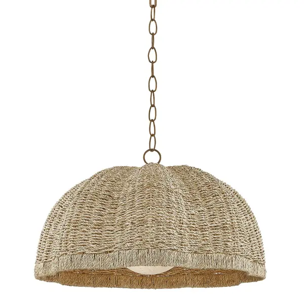 The Jack pendant brings organic warmth with its handwoven banana leaf shade and seedy glass globe. The patina brass finish adds refined contrast to the natural texture, creating a sophisticated bohemian statement piece.