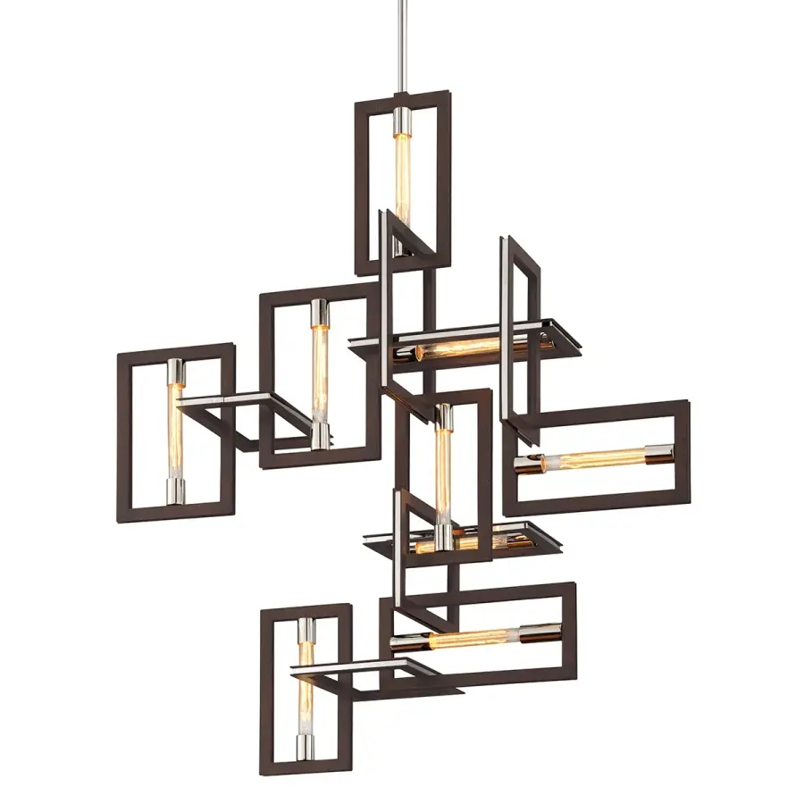 Enigma Nine Light Chandelier in Textured Bronze with Polished Stainless