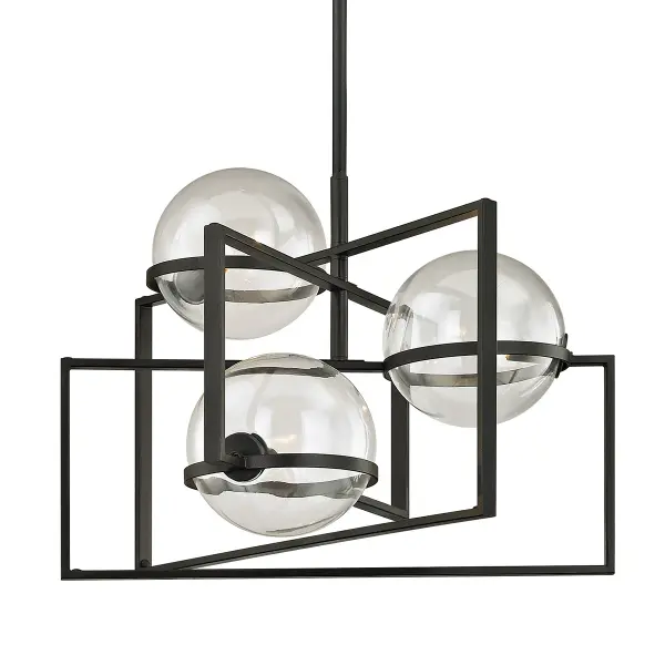 The Elliot chandelier combines modern minimalism with industrial edge through hand-worked iron construction in textured black. Its 25-inch width makes it versatile for dining rooms and kitchen islands, while the adjustable rod system accommodates various ceiling heights.