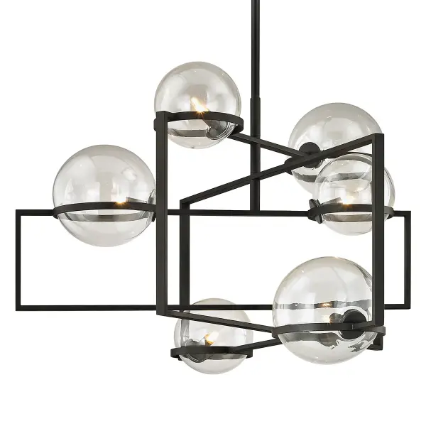 The Elliot chandelier combines modern geometric design with industrial appeal through hand-worked iron construction. Its 30-inch width and textured black finish make it a versatile statement piece for contemporary spaces.