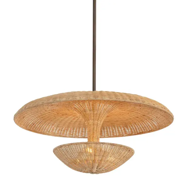 Draco combines 1960s reflector design with handcrafted wicker weaving for a warm, organic aesthetic. The natural openness allows light to filter beautifully while the Bronze Leaf finish adds sophistication.