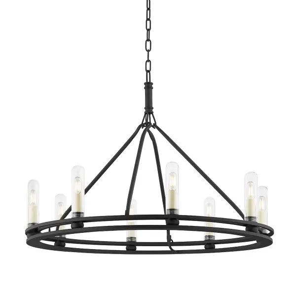 The Sutton chandelier combines classic candlestick styling with modern durability. Its dual-ring design and eight lights create abundant illumination, while the wet-rated construction allows versatile placement from covered patios to formal dining rooms.