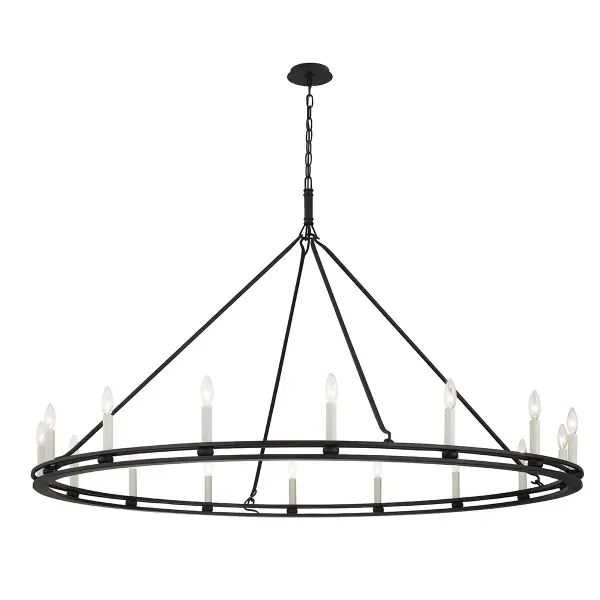 The Sutton makes a bold architectural statement with its dual-ring design and 16 candelabra lights. At over 5 feet wide, this oversized fixture commands attention in grand spaces while the textured black finish adds industrial edge to traditional candlestick styling.