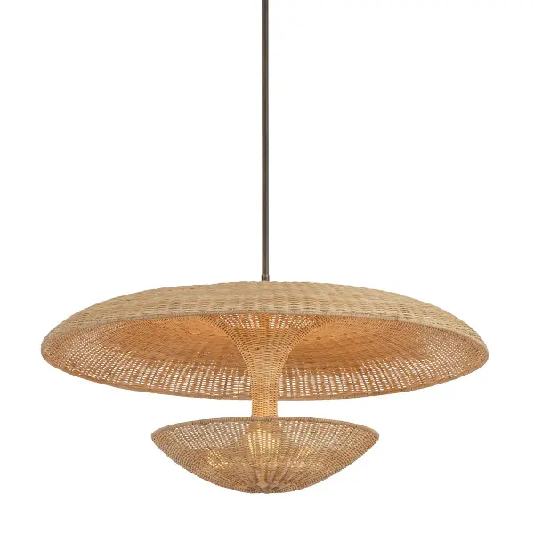 Draco combines 1960s reflector design with handwoven natural wicker for a stunning organic modern aesthetic. The 40-inch span and open weave create dramatic ambient lighting perfect for large dining spaces.