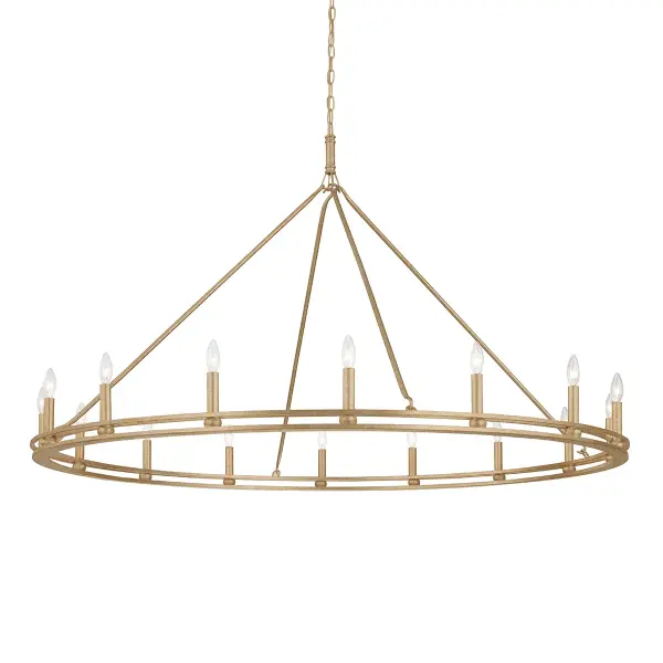 The Sutton chandelier makes a dramatic statement with its double-ring design and 16 candelabra lights. At over 5 feet wide, this hand-crafted aluminum fixture delivers abundant illumination with traditional elegance. The champagne silver leaf finish adds warmth and sophistication to grand spaces.