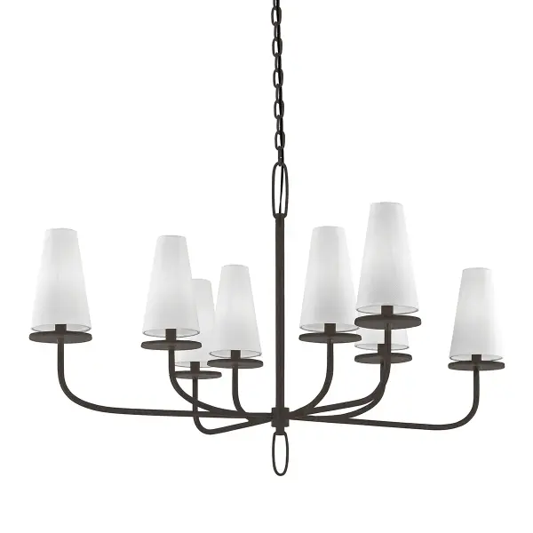 The Marcel chandelier combines hand-worked iron in textured bronze with soft off-white cotton shades for a sophisticated transitional look. At over 43 inches wide, it makes a commanding statement in large dining rooms and foyers.