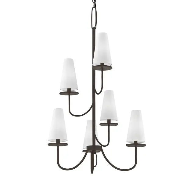 The Marcel chandelier combines hand-worked iron in textured bronze with white cotton shades for a sophisticated transitional look. Its 28-inch width makes it ideal for medium to large dining spaces and foyers.