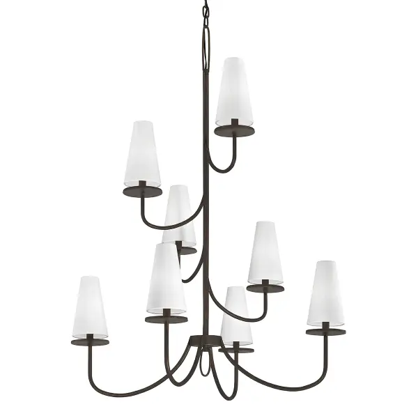 The Marcel chandelier combines industrial craftsmanship with transitional elegance. Hand-worked iron in textured bronze finish creates visual interest, while white cotton shades soften the light for dining and entertaining spaces.