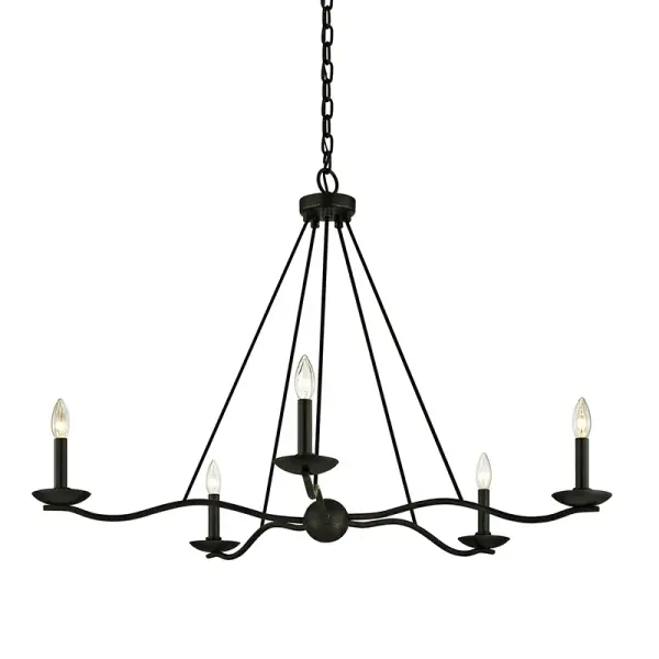 The Sawyer chandelier combines graceful sweeping lines with a bold Forged Iron finish, creating a sophisticated fixture that works equally well indoors or outdoors. Its generous 40-inch width and candle-style design make it ideal for large dining spaces.