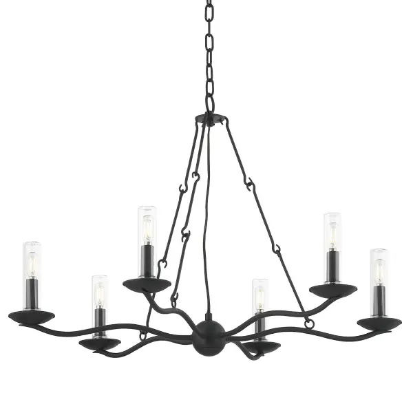 The Sawyer chandelier combines graceful sweeping lines with a bold Forged Iron finish, creating a fixture that bridges classic and contemporary aesthetics. Its wet-rated construction and candle-style design make it perfect for covered outdoor spaces while maintaining sophisticated indoor appeal.