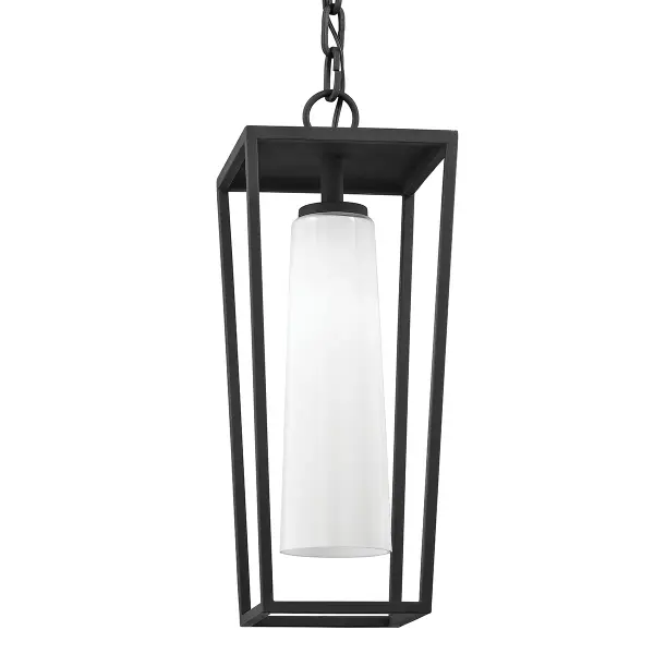The Mission Beach hanging lantern brings coastal charm to outdoor spaces with hand-worked iron construction and opal glass. Its compact 7.75" profile suits smaller porches and entryways while the textured black finish resists weather.