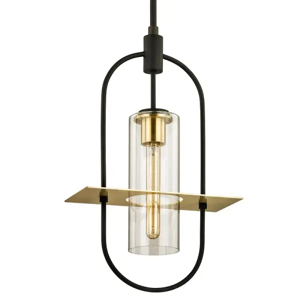 The Smyth hanging lantern combines hand-worked iron and brass in a textured bronze finish with brushed brass accents. Its compact 12.5-inch width and clear glass panels make it ideal for porches, entryways, and covered patios.