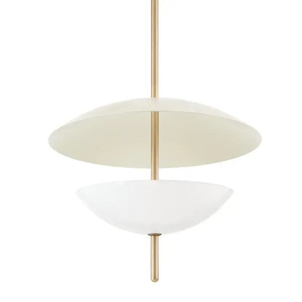 The Dion pendant by designer Colin King masterfully combines form and function with its distinctive piercing rod design and dual-shade system. The warm patina brass finish and neutral tones create sophisticated ambiance.