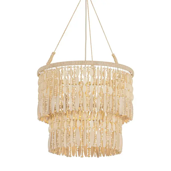 The Ben pendant brings organic coastal charm with cascading tiers of handmade wooden beads and woven abaca detailing. Its compact 22-inch width makes it perfect for intimate dining spaces and kitchen islands, while Vintage Gold Leaf fittings add refined contrast to natural textures.