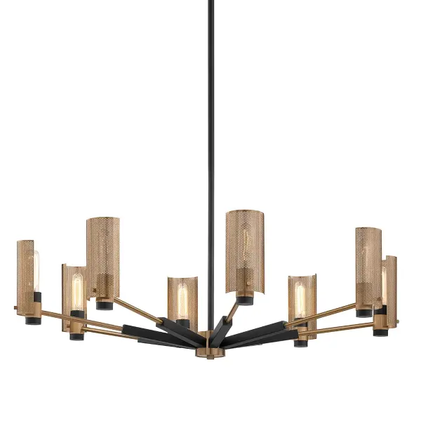 The Pilsen chandelier delivers dramatic industrial style with its expansive 40-inch linear profile and hand-worked iron construction. Eight exposed bulbs create abundant light while plated brass glass adds warmth to the matte black finish.