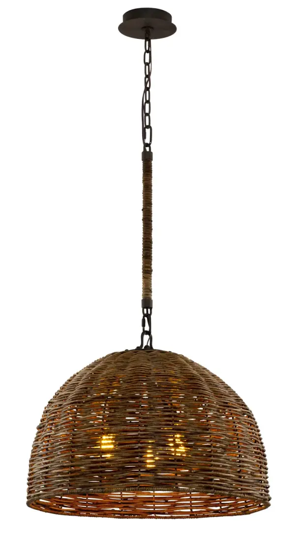 The Huxley chandelier brings natural texture and warmth with its expertly wrapped faux rattan dome. Three lights create ambient glow through the organic shade, perfect for casual dining spaces seeking earthy sophistication.