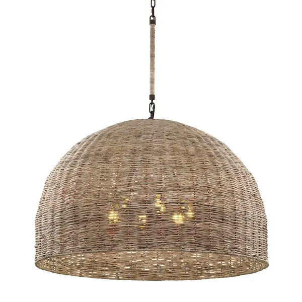The Huxley brings natural texture and warmth to large spaces with its expertly wrapped faux rattan dome. At nearly 44 inches wide, this statement piece creates an earthy focal point while providing ample illumination through six lights.