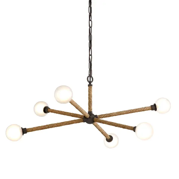 The Nomad chandelier combines artisanal hand-worked iron with contemporary design, featuring six integrated LED lights and opal glass shades. Its 37-inch width makes it ideal for medium to large dining spaces.