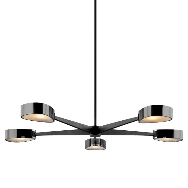 The Allisio's 49-inch span and hand-worked iron construction create a bold architectural statement. The textured black finish paired with black chrome glass delivers sophisticated contrast perfect for modern interiors.