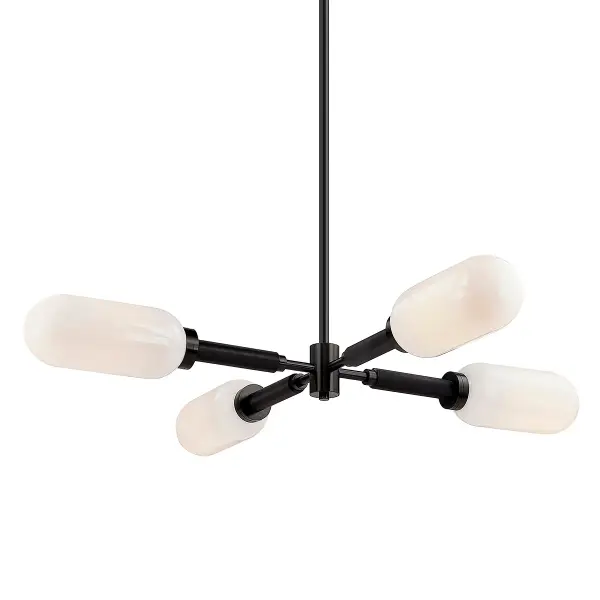 The Annex chandelier by designer Xander Noori delivers bold architectural presence with its nearly 4-foot span and sleek anodized black aluminum construction. Perfect for modern dining spaces and commercial settings.