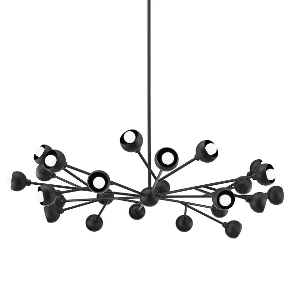 The Colt chandelier makes a bold architectural statement with 24 lights arranged like a constellation. Its 54.5-inch span and multi-directional lighting create dramatic visual impact while providing excellent illumination for large spaces.