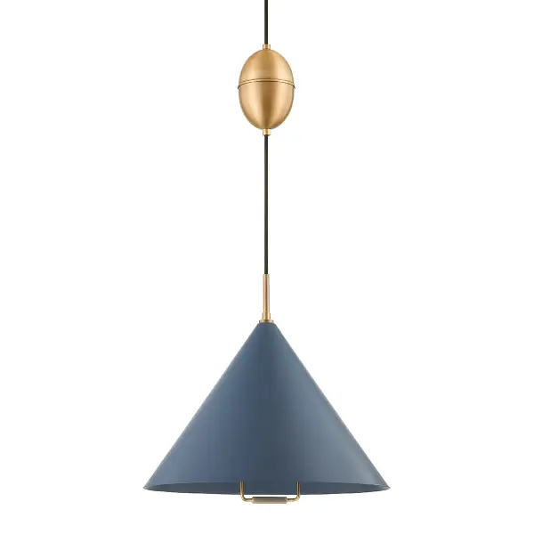 The Fontana pendant blends mid-century modern sensibility with contemporary refinement. Its 18-inch glass globe in slate blue paired with patina brass creates a sophisticated focal point that works across traditional and modern interiors.