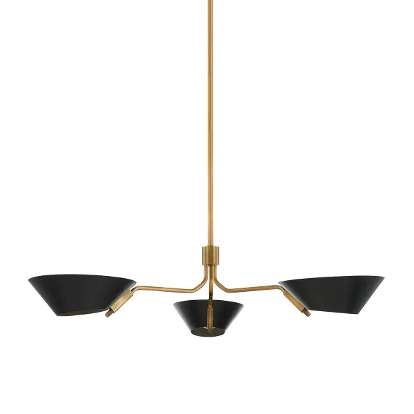 Sacramento delivers striking visual impact through sweeping arms and dual-opening metal shades that create both ambient and directional lighting. The patina brass and soft black finish combination adds warmth and sophistication.