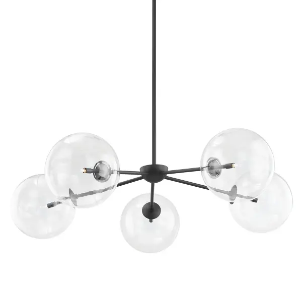 The Madrid chandelier commands attention with its impressive 54-inch span and sleek soft black finish. Five LED lights provide warm, functional illumination while the clear glass shades add visual lightness to the substantial frame.