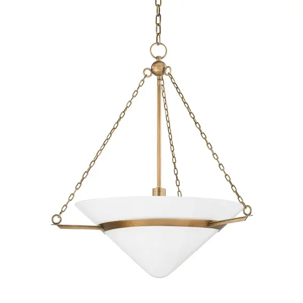 The Amador pendant reimagines traditional lighting with contemporary edge. Its angled linked arms cradle a hand-blown opal glass shade in warm patina brass, creating architectural interest and sophisticated ambiance.