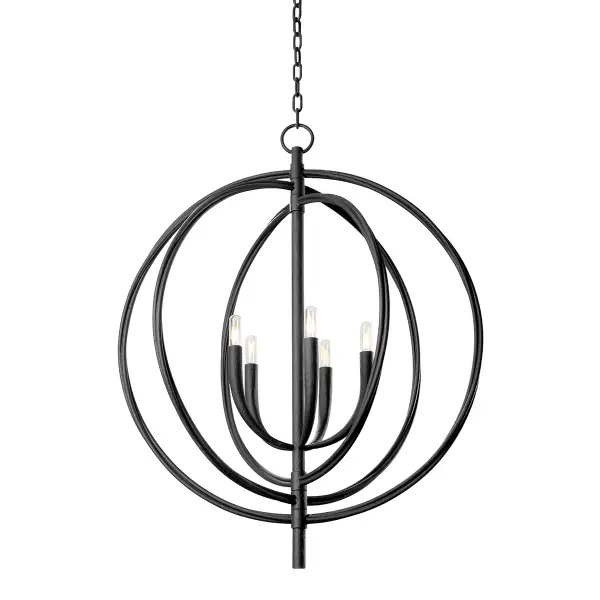 The Fillea pendant transforms geometric precision into organic art with three concentric circles orbiting a tapered candelabra centerpiece. Its open metalwork creates visual lightness while the Black Iron finish adds contemporary edge.