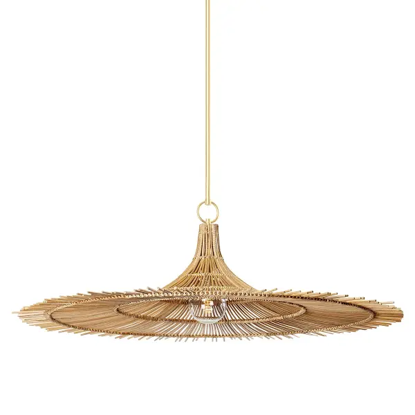 This dramatic 50-inch pendant brings natural warmth and modern organic style to large spaces. The handcrafted rattan shade with irregular edges creates beautiful light patterns, while the Vintage Gold Leaf finish adds refined sophistication.