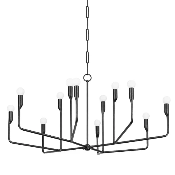 The Norman chandelier brings nature-inspired elegance with its slender, branch-like arms in textured Forged Iron. Its 12-light configuration and 42-inch span make it perfect for large dining spaces and grand entryways.