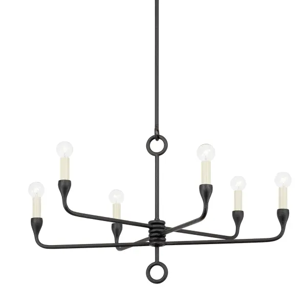 The Orson chandelier makes a bold statement with its elongated silhouette and architectural totem-stacked center. Six candlestick lights extend from linear arms, creating dramatic visual impact while the textured Black Iron finish adds industrial edge.