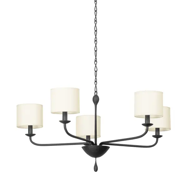 The Osmond chandelier reimagines classic candlestick design with heavily textured metalwork and distinctive teardrop accents. The Black Iron finish brings contemporary edge while handmade paper shades soften the look.