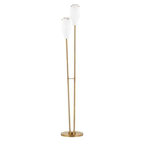 The Geyser floor lamp brings sophisticated mid-century style with its slender brass arms and opal glass shades inspired by reedy marshland plants. Its neutral tones and soft organic lines blend seamlessly with diverse interiors.
