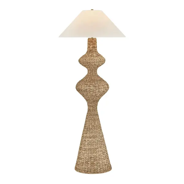 The Walter floor lamp makes a bold statement with its handwoven water hyacinth body and flowing, dimensional silhouette. The natural texture pairs beautifully with the soft off-white linen shade and warm Patina Brass accents, creating an earthy yet refined aesthetic perfect for organic modern interiors.