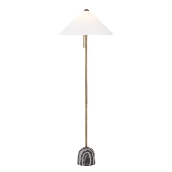 The Millbrae floor lamp combines timeless neoclassicism with contemporary refinement. Its honed black Indian marble base with natural veining ensures each piece is unique, while the patina brass stem and off-white linen shade create sophisticated warmth.